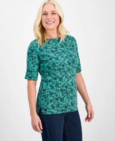 Style & Co Petite Floral-print Elbow-sleeve Boat-neck Top, Macy's Exclusive In Green