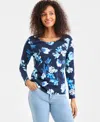 Style & Co Petite Floral Print Long Sleeve Top In Blue
