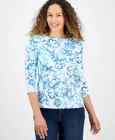 Style & Co Petite Floral Print Pima Cotton 3/4-sleeve Top, Exclusively At Macy's In Blue