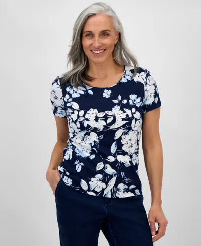 Style & Co Petite Floral-print Scoop-neck Short-sleeve Knit Top, Exclusively At Macy's In Alice Ind Blue