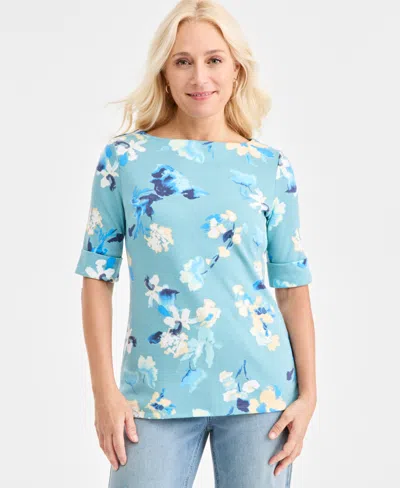 Style & Co Petite Floral Printed Boat Neck Top, Macy's Exclusive In Blue