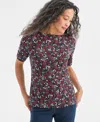 Style & Co Petite Floral Printed Boat Neck Top, Macy's Exclusive In Black