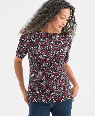 Style & Co Petite Floral Printed Boat Neck Top, Macy's Exclusive In Black