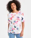 Style & Co Petite Floral Printed Boat Neck Top, Macy's Exclusive In White