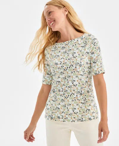 Style & Co Petite Floral Printed Boat Neck Top, Macy's Exclusive In White