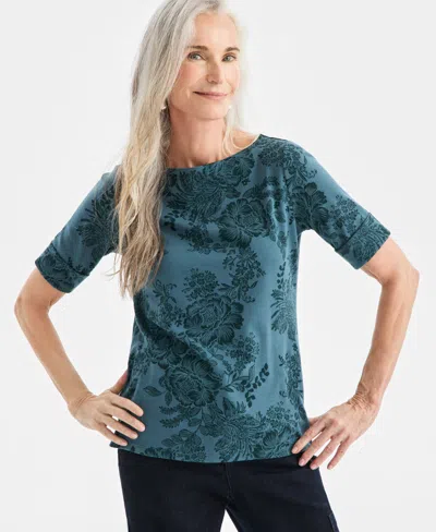 Style & Co Petite Floral Printed Elbow Sleeve Top, Macy's Exclusive In Blue