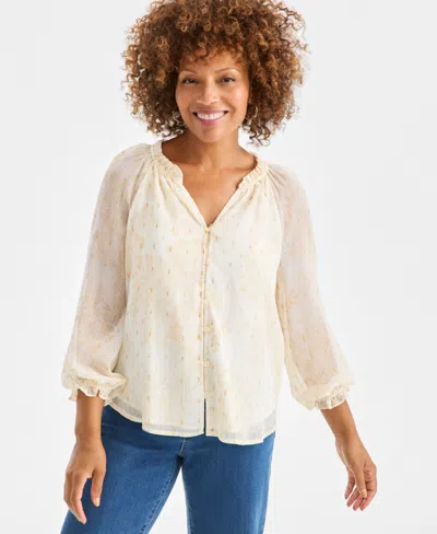 Style & Co Petite Floral Shine Ruffled Button-front Blouse, Macy's Exclusive In White