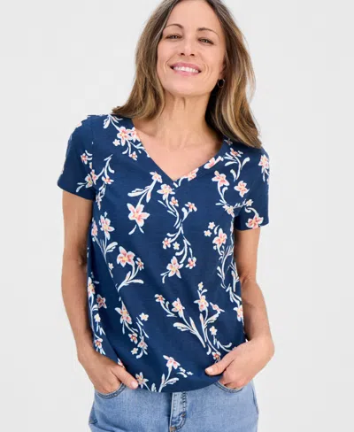 Style & Co Petite Floral Sketch Perfect T-shirt, Macy's Exclusive In Blue