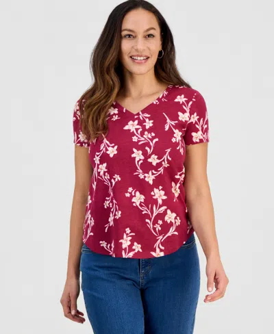 Style & Co Petite Floral Sketch Perfect T-shirt, Macy's Exclusive In Red