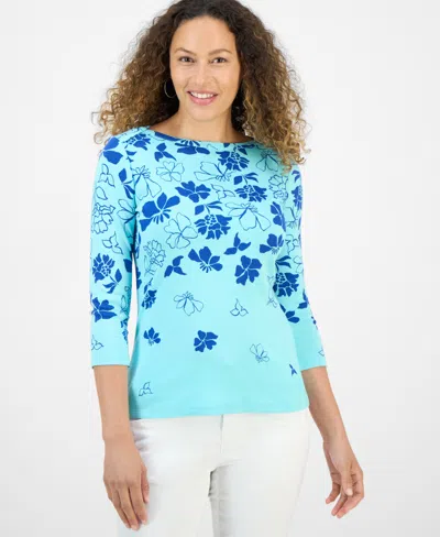 Style & Co Petite Floral Spark Printed Pima Cotton 3/4-sleeve Top, Exclusively At Macy's In Blue