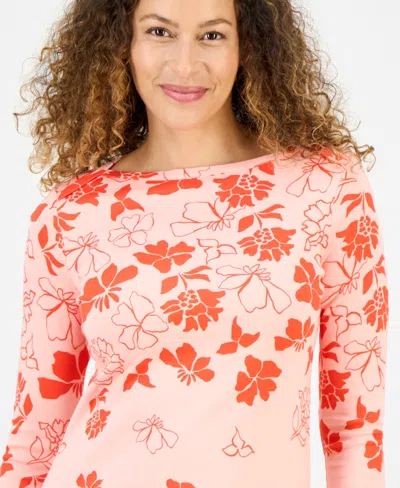 Style & Co Petite Floral Spark Printed Pima Cotton 3/4-sleeve Top, Exclusively At Macy's In Pink