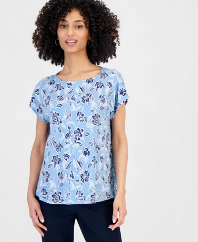 Style & Co Petite Floral-print Flutter-sleeve Top, Macy's Exclusive In Blue