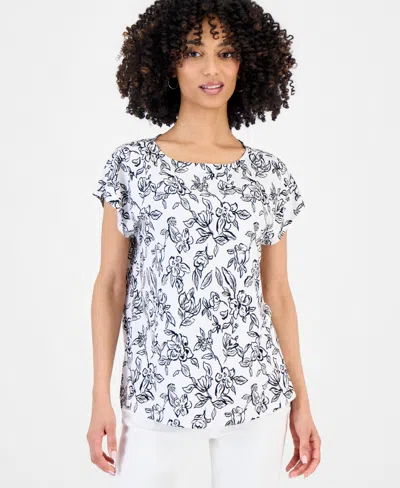 Style & Co Petite Floral-print Flutter-sleeve Top, Macy's Exclusive In Black