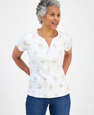 Style & Co Petite Floral-print Short-sleeve Henley Knit Top, Macy's Exclusive In Multi
