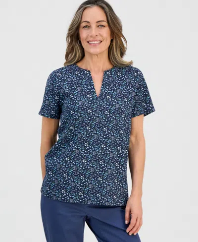 Style & Co Petite Floral-print Short-sleeve Split-neck Yoke Top, Macy's Exclusive In Blue