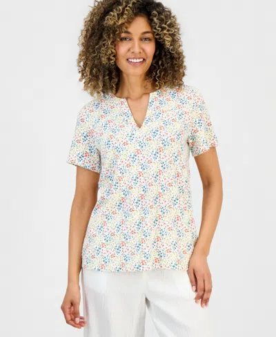 Style & Co Petite Floral-print Short-sleeve Split-neck Yoke Top, Macy's Exclusive In White