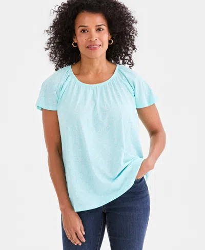 Style & Co Petite Flutter Short-sleeve Clover Coin Top, Macy's Exclusive In Blue