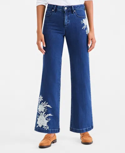 Style & Co Petite Freya High-rise Wide-leg Floral-embroidered Jeans, Macy's Exclusive In Blue