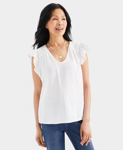 Style & Co Petite Gauze Flutter-sleeve Top, Created For Macy's In Bright White