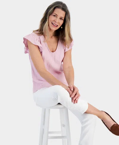 Style & Co Petite Gauze Flutter-sleeve Top, Created For Macy's In Lilac Flor