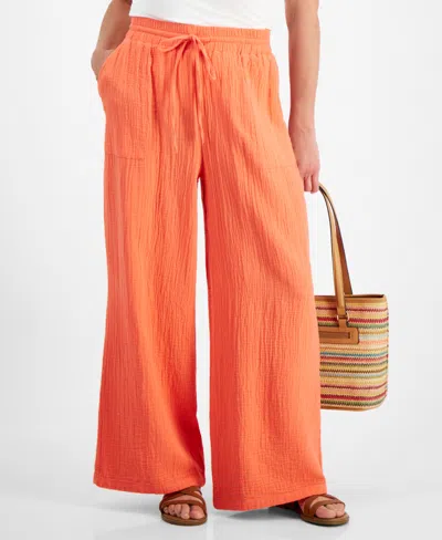 Style & Co Petite Gauze Wide-leg Pull-on Pants, Created For Macy's In Hot Coral