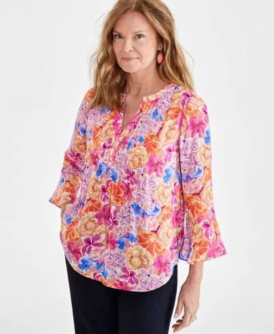 Style & Co Women's Printed Pintuck Ruffle Sleeve Top, Created For Macy's In Gigi Wine Blush