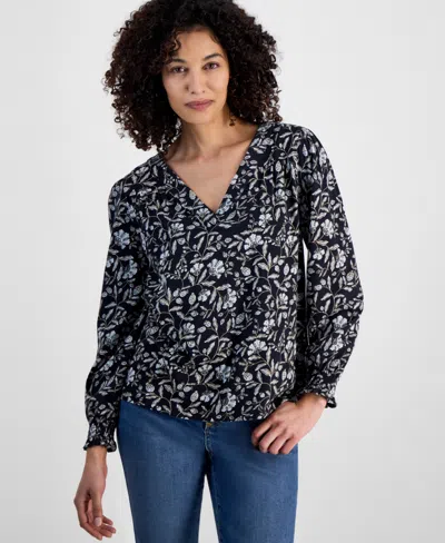 Style & Co Petite Gram Floral Long-sleeve Top, Exclusively At Macy's In Gram Black