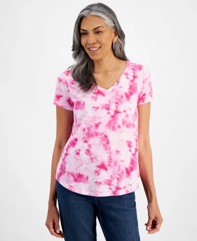 Style & Co Petite Hamptons Dye Perfect V-neck T-shirt, Created For Macy's In Hamptons Dye Fuchsia