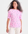 Style & Co Petite Heathcliff Ditsy Print Cuffed Elbow-sleeve Top, Macy's Exclusive In Pink