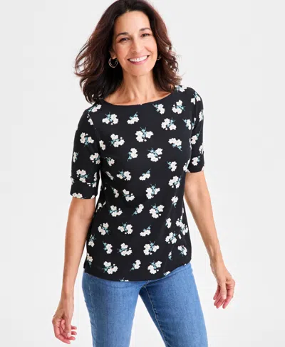 Style & Co Petite Heathcliff Ditsy Print Cuffed Elbow-sleeve Top, Macy's Exclusive In Black