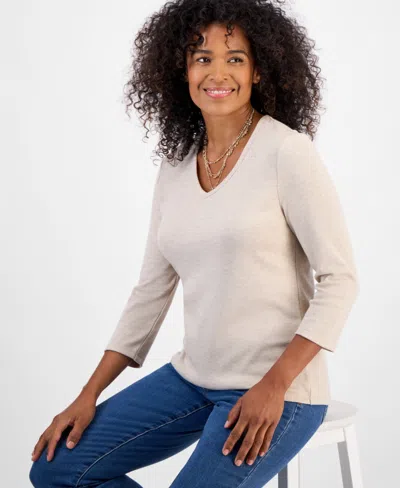 Style & Co Petite Heather 3/4-sleeve V-neck Top, Macy's Exclusive In Neutral