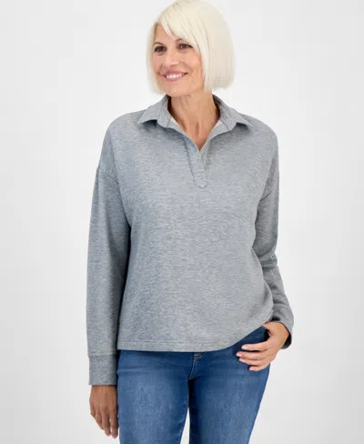 Style & Co Petite Heathered Johnny Collar Fleece Top, Created For Macy's In Gray