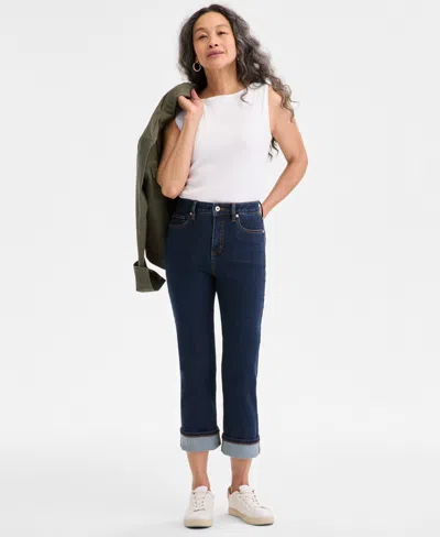 Style & Co Petite High-rise Cuffed Capri Jeans, Exclusively At Macy's In Dark Wash