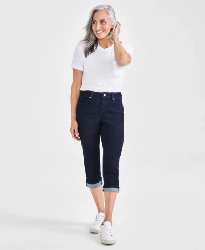 Style & Co Petite High-rise High-cuff Capri Jeans, Created For Macy's In Rinse