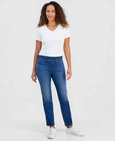 Style & Co Petite High-rise Pull-on Straight-leg Jeans, Macy's Exclusive In Blue