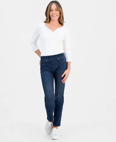 Style & Co Petite High-rise Pull-on Straight-leg Jeans, Macy's Exclusive In Blue