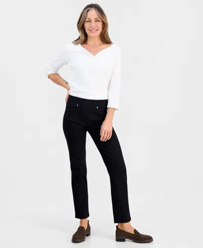 Style & Co Petite High-rise Pull-on Straight-leg Jeans, Macy's Exclusive In Black Rinse Wash