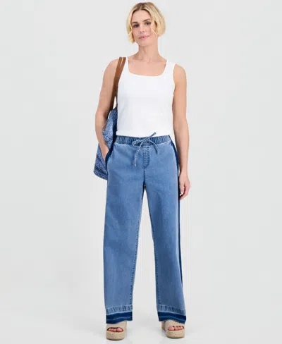 Style & Co Petite High-rise Two-tone Pull-on Wide-leg Pants, Macy's Exclusive In Blue
