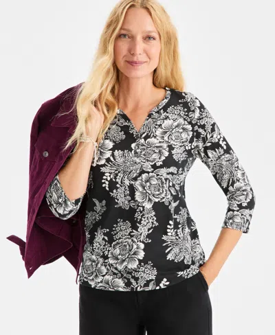 Style & Co Petite Holiday Floral 3/4-sleeve Henley Tee, Macy's Exclusive In Black