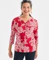 Style & Co Petite Holiday Floral 3/4-sleeve Henley Tee, Macy's Exclusive In Red