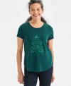 Style & Co Petite Holiday Tree Printed Scoop Neck Top, Macy's Exclusive In Green