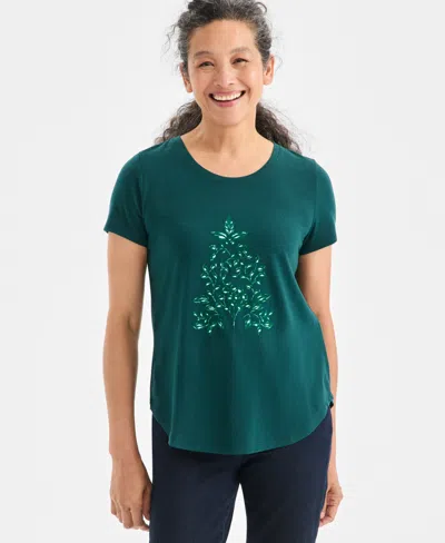 Style & Co Petite Holiday Tree Printed Scoop Neck Top, Macy's Exclusive In Green