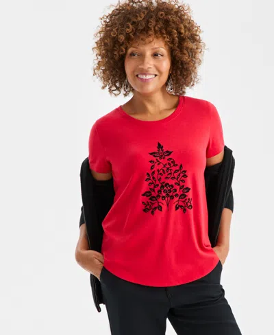 Style & Co Petite Holiday Tree Printed Scoop Neck Top, Macy's Exclusive In Red