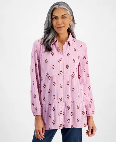 Style & Co Plus Size Ikat Icon Tiered Long-sleeve Shirt, Created For Macy's In Ikat Wine Blush
