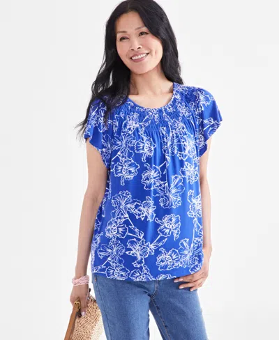 Style & Co Petite Iris Dreams Printed Smocked-neck Flutter-sleeve Top, Created For Macy's In Iris Blue