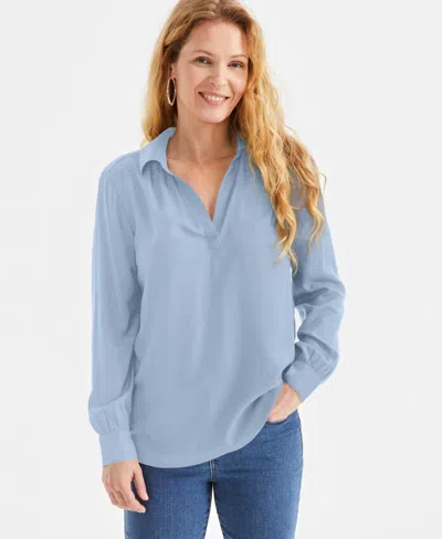 Style & Co Petite Johnny-collar Long-sleeve Top, Exclusively At Macy's In Blue