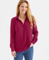 Style & Co Petite Johnny-collar Long-sleeve Top, Exclusively At Macy's In Burgundy