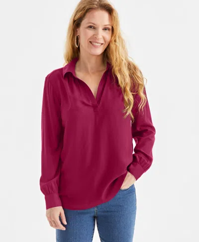 Style & Co Petite Johnny-collar Long-sleeve Top, Exclusively At Macy's In Burgundy