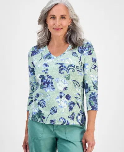 Style & Co Petite Jungle-floral 3/4-sleeve Top, Exclusively At Macy's In Multi