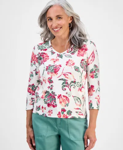 Style & Co Petite Jungle-floral 3/4-sleeve Top, Exclusively At Macy's In White
